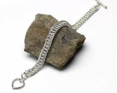 Layered Chain Bracelet in Sterling Silver, Custom Length Chainmail in Half Persian with Toggle Clasp - image3